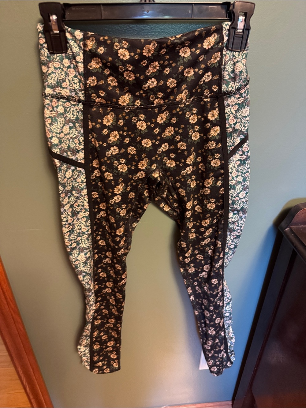 FP Movement by Free People Black Floral Panel Leggings with Cream Accents
